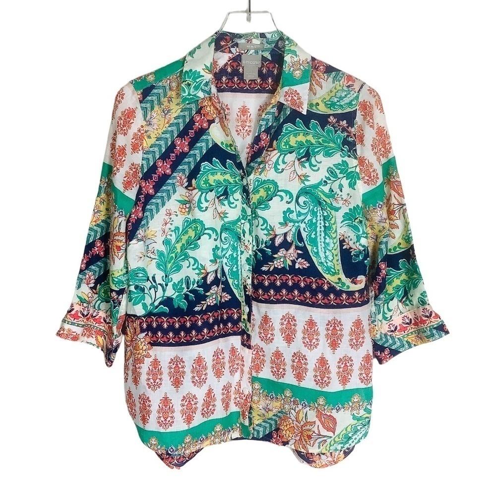 Chico's‎ No Iron Linen Paisley Shirt 3/4 Sleeves - Picture 7 of 16